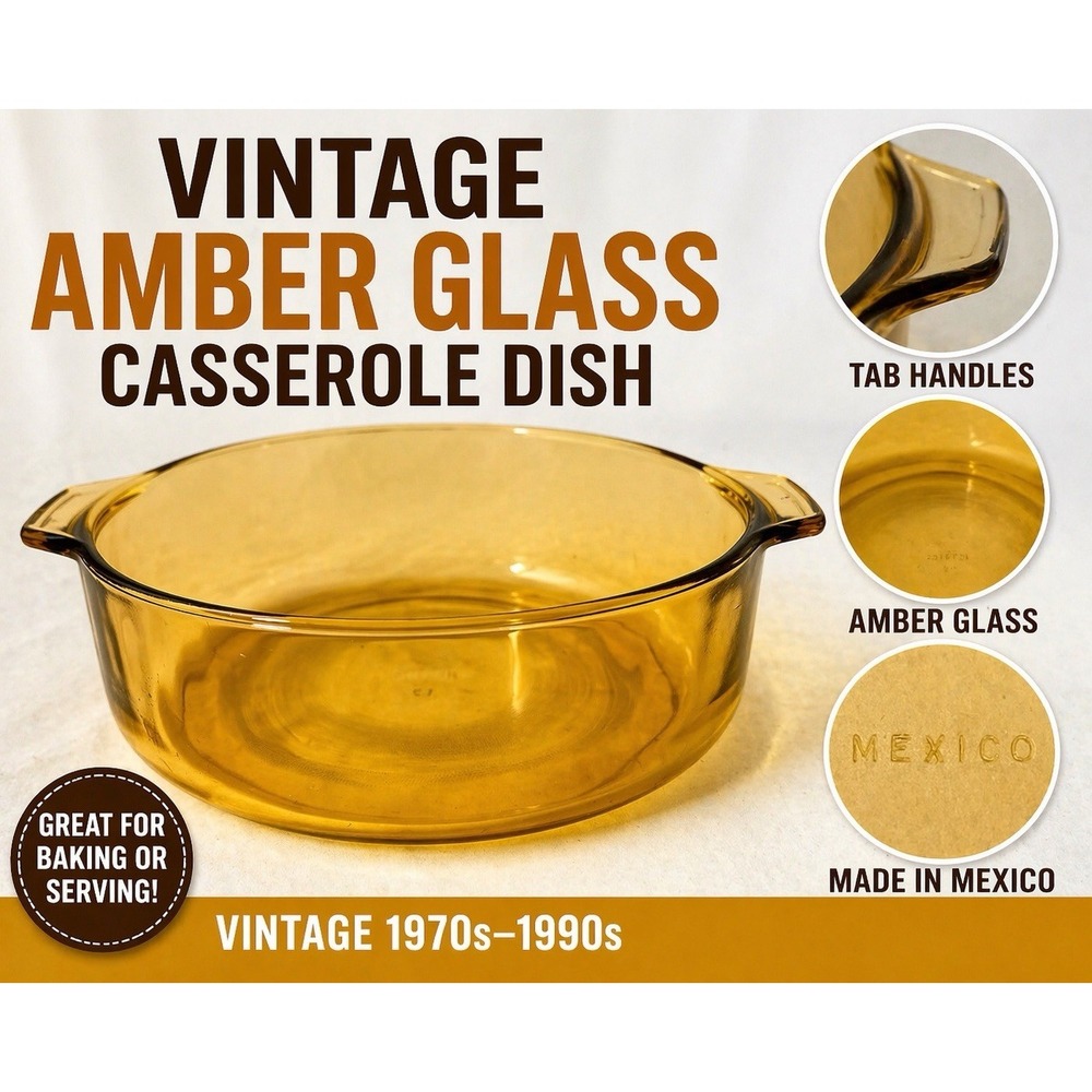 Vintage Amber Glass Casserole Dish Round w Handles Mexico Baking Dish